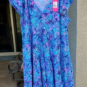 Lilly Pulitzer Kawai Flutter Sleeve Dress (L) - Breakwater Blue Shells n Bells
